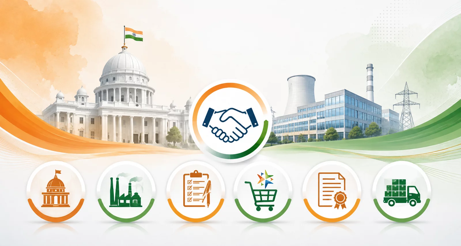 Government and PSU procurement partnership — government building, industrial plant and supply chain icons for tender, GeM and rate-contract supply